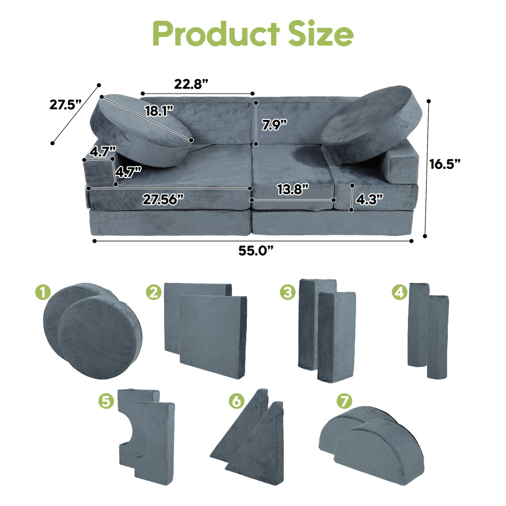 14pcs Kids Sofa Modular Play Couch,Child Sectional Sofa to Boost Creativity,Boys and Girls DIY Creativing Playroom Couch Furniture for Toddlers Conertible Foam and Floor Cushion,Gray