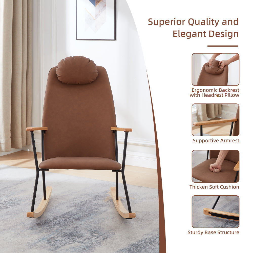 Adjustable Headrest Pillow Rocking Chair, Technical Leather Upholstered Glider Rocker with High Backrest, Modern Rocking Accent Chairs Comfy Side Chair for Nursery, Bedroom, Living Room (Brown)