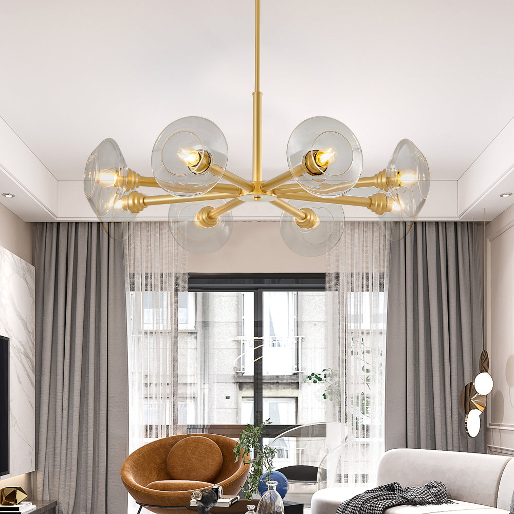 26" Modern Gold 5-Light Sputnik Chandelier with Clear Glass Shades, Mid-Century Hanging Pendant Light Fixture for Dining Room, Living Room, or Kitchen (Bulb Not Included)