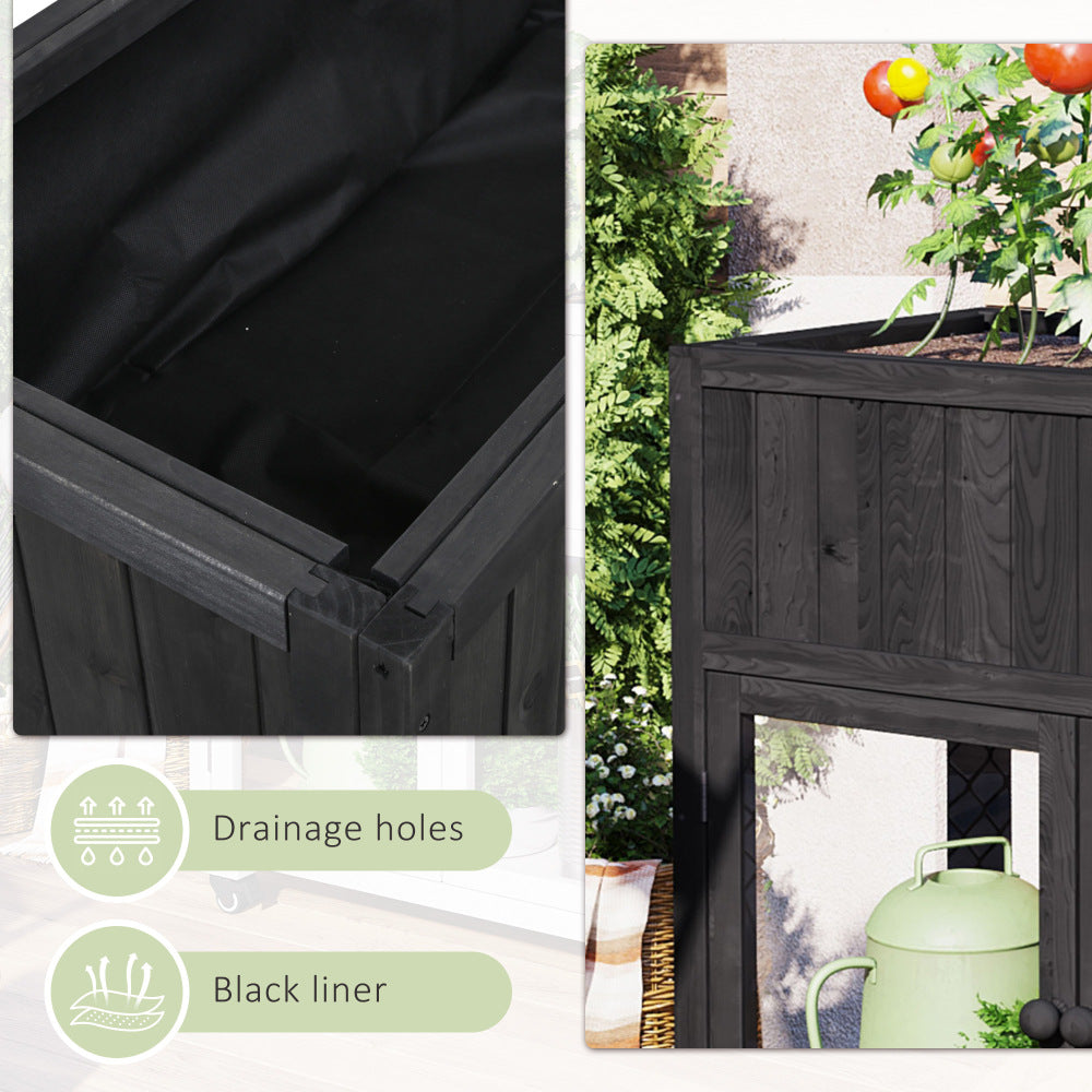TOPMAX Patio 35.4''x17.7''x37.4'' Mini Wood Cold Frame, Compact 2 Doors Garden Greenhouse with Wheels, Raised Bed with Liner for Indoor Outdoor Use, Black