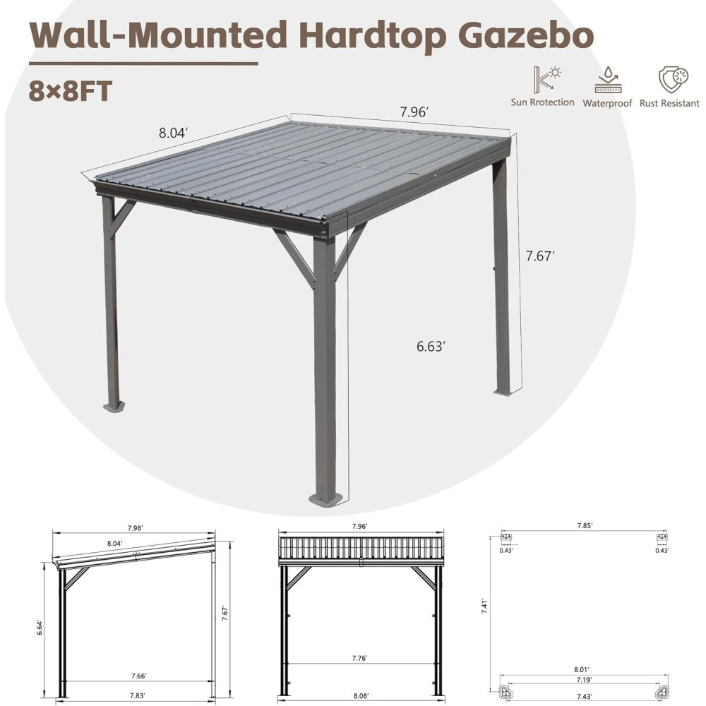 8'x 8' Lean to Gazebo with Upgraded Drainage System, Wall Mounted Gazebo Hardtop Galvanized Steel Sloping Roof for Patio Deck Backyard Lawn Party(Gray)