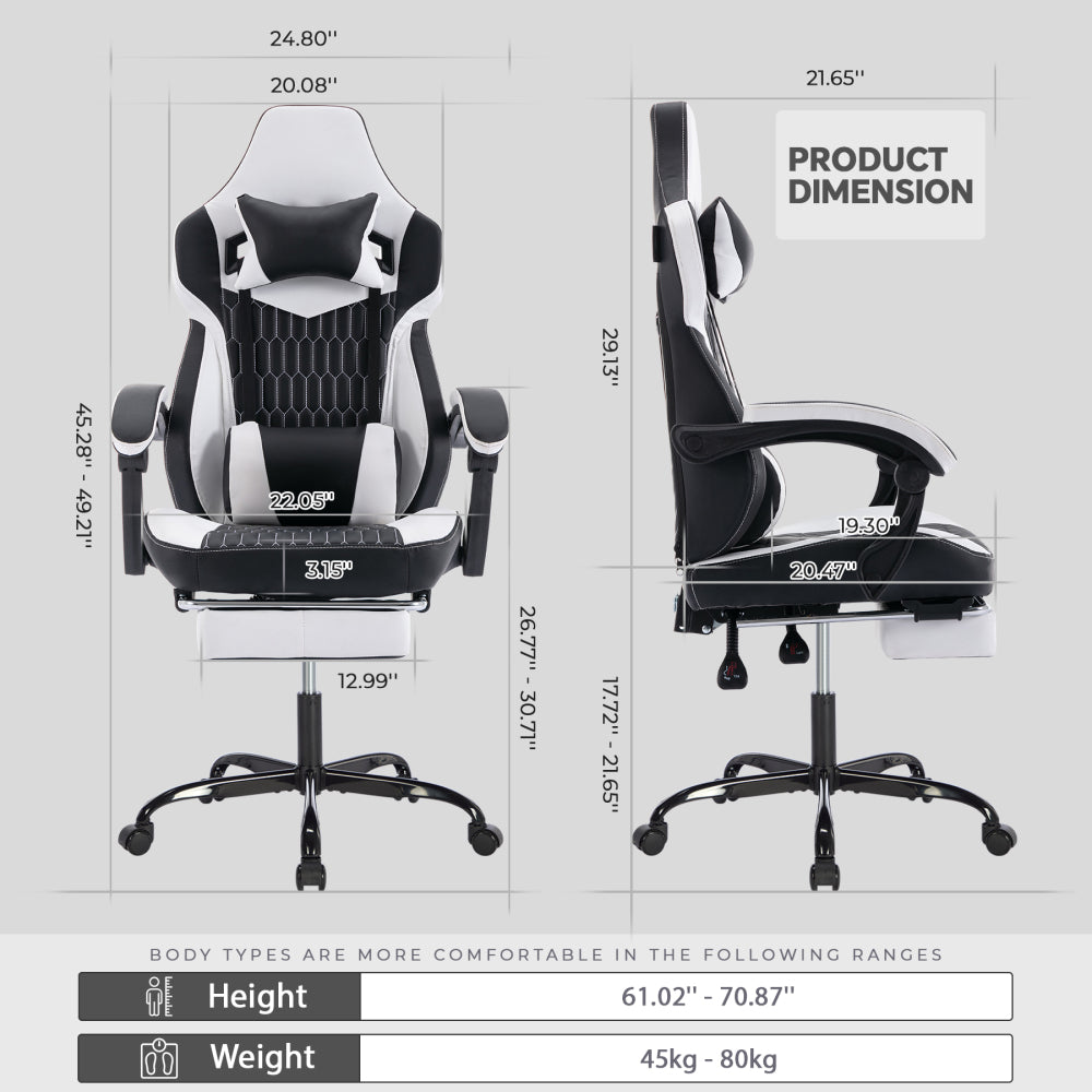 Gaming Chair with Footrest, High Back Gaming Chairs PVC Leather Ergonomic Office Gamer Chair Headrest Lumbar Support Racing Style Video Gaming Chair (Black White)