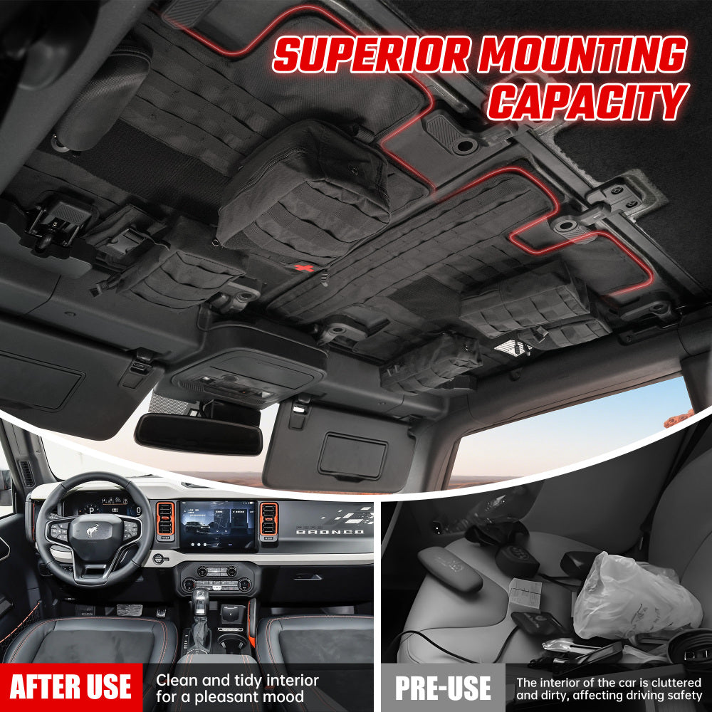 Roof Liner Organizer Overhead Storage Jacket Overhead Car Organizer Car Headliner Storage Organizer For Ford Bronco 2021 2022 2023 2024 2/4 Doors Roof Tactical Vest Accessories With 5 Molle Pouch