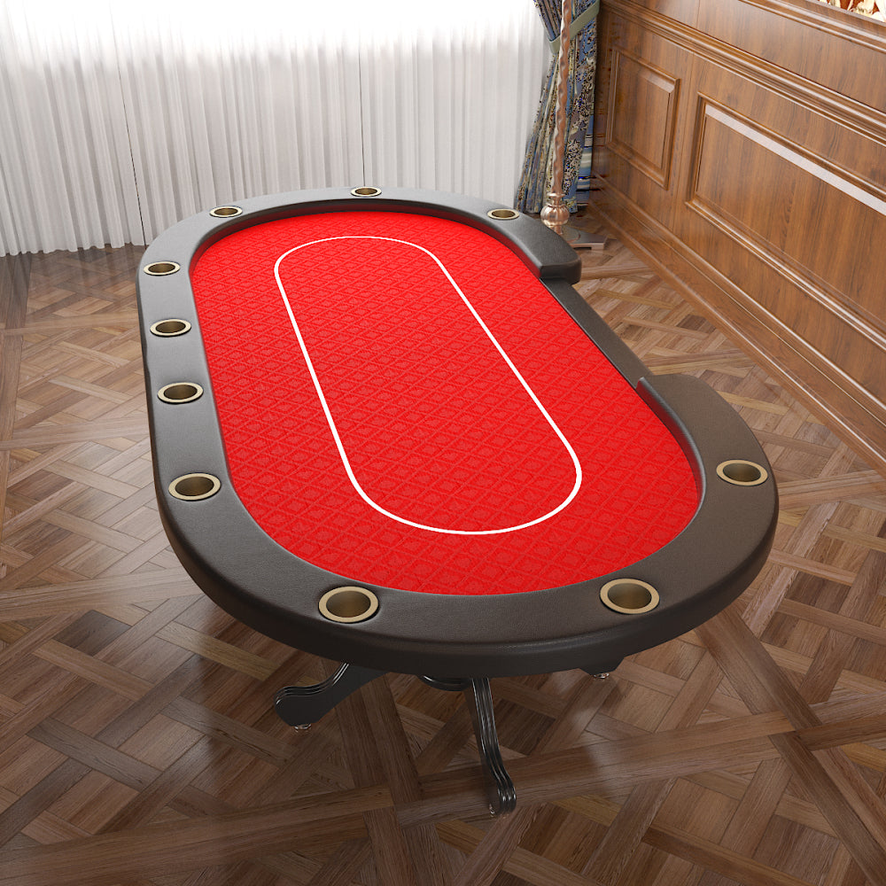 96" Oval Aura Poker Table for 10 Players Texas Holdem Poker Card with Bet Line Felt Surface Jumbo Cup Holders Red