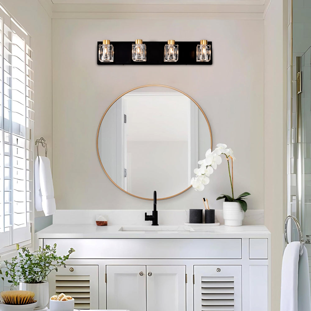 4-Light Matte Black + Gold Bathroom Light Fixtures, Modern Vanity Lights with Crystal Glass Shade, Vintage  Light Fixture Bathroom Over Mirror Wall Lights for Kitchen Dinning Room Bedroom Hallway
