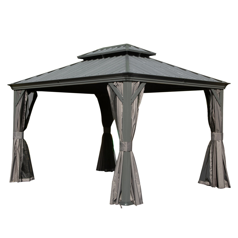 10' X 12' Hardtop Gazebo, Upgraded Metal Gazebo with Drainage System, Dual-Layer Galvanized Steel Roof, Curtain and Netting, Outdoor Shelter Canopy for Patio, Garden, and Backyard, Grey