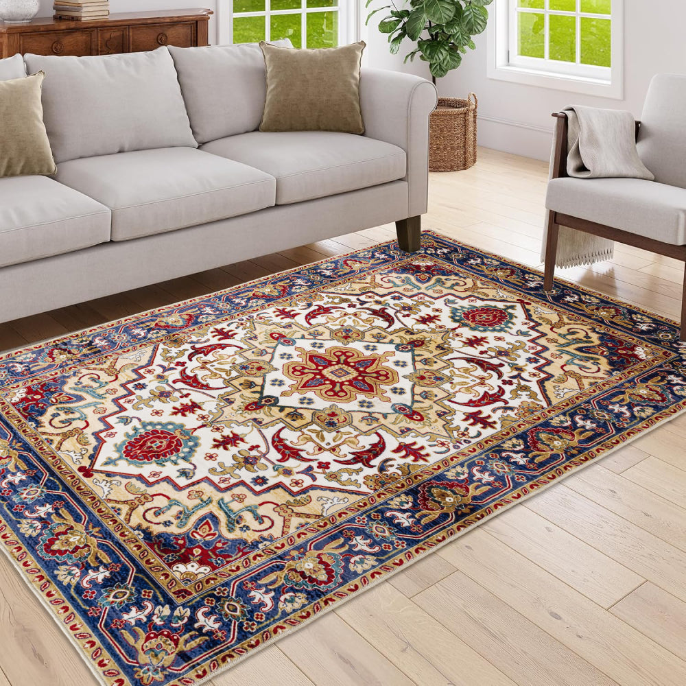 Area Rug 5x7 Vintage Bohemia Large Persian Non-slip Washable Rug For Living Room Kitchen Bedroom Living Room Flower Design Blue/Gold
