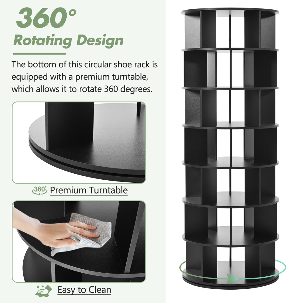 ON-TREND Φ23.6'' Rotating Shoe Rack Tower, 7-Tier Spinning Shoe Shelf with 5 Grids Per Layer, Display Rack, 360° Revolving Shoe Carousel Closet Organizer for Entryway, Living Room, Black