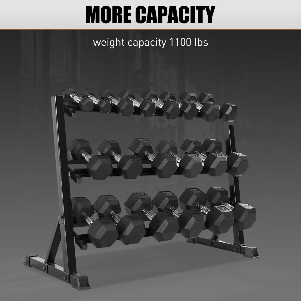 3-Tier Dumbbell Rack Stand: Holds 5-50lb weights with a 1100 lb max capacity. Designed specifically for dumbbell storage.