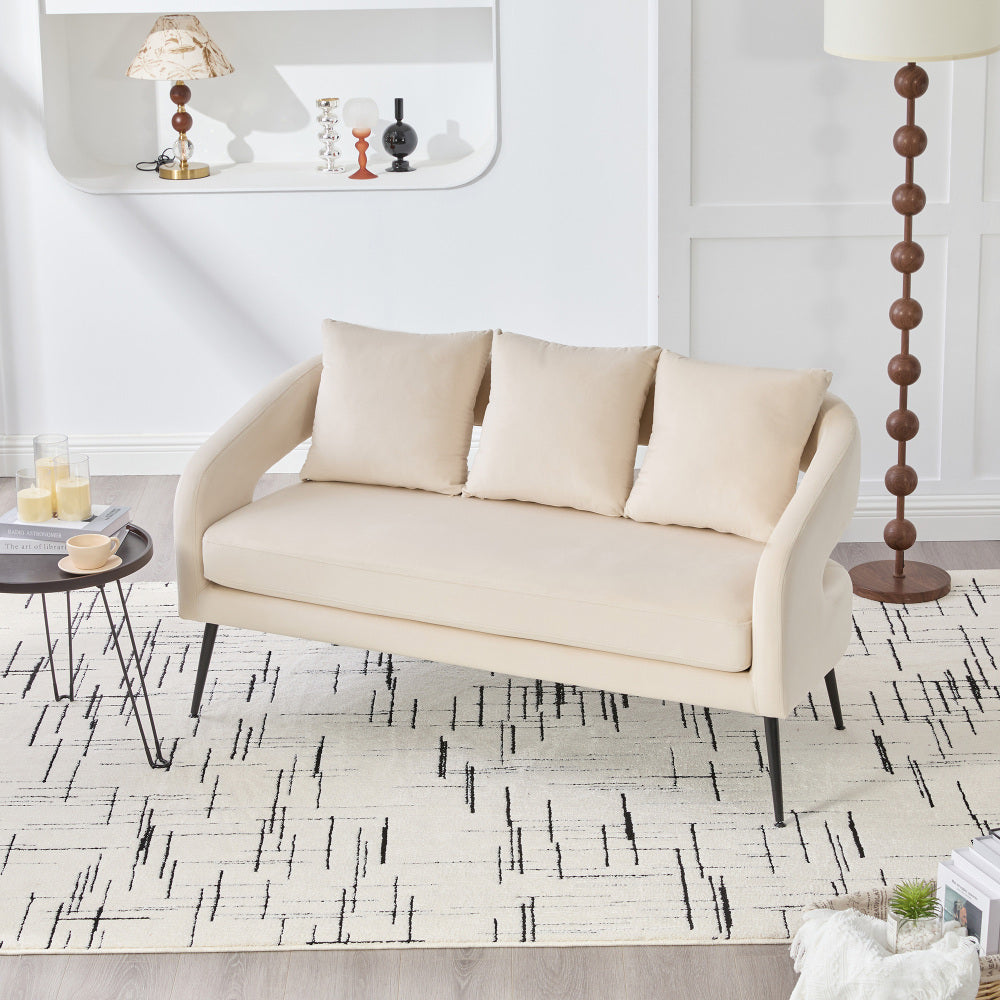 53.7"Modern Upholstered Velvet Open Back Loveseat Settee with 3 Pillows, Small Comfy Sofa 2-Seater Mini Sofa for Small Space with Metal Legs, Living Room Bedroom Office Dorm Studio Apartment, Beige