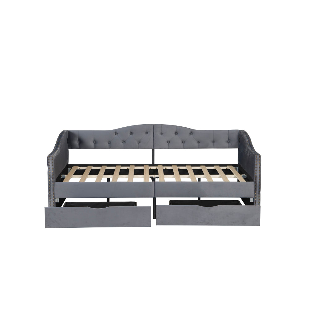 Upholstered Daybed with Storage Drawers, Wood Daybed Twin Size, No Box Spring Needed, Grey