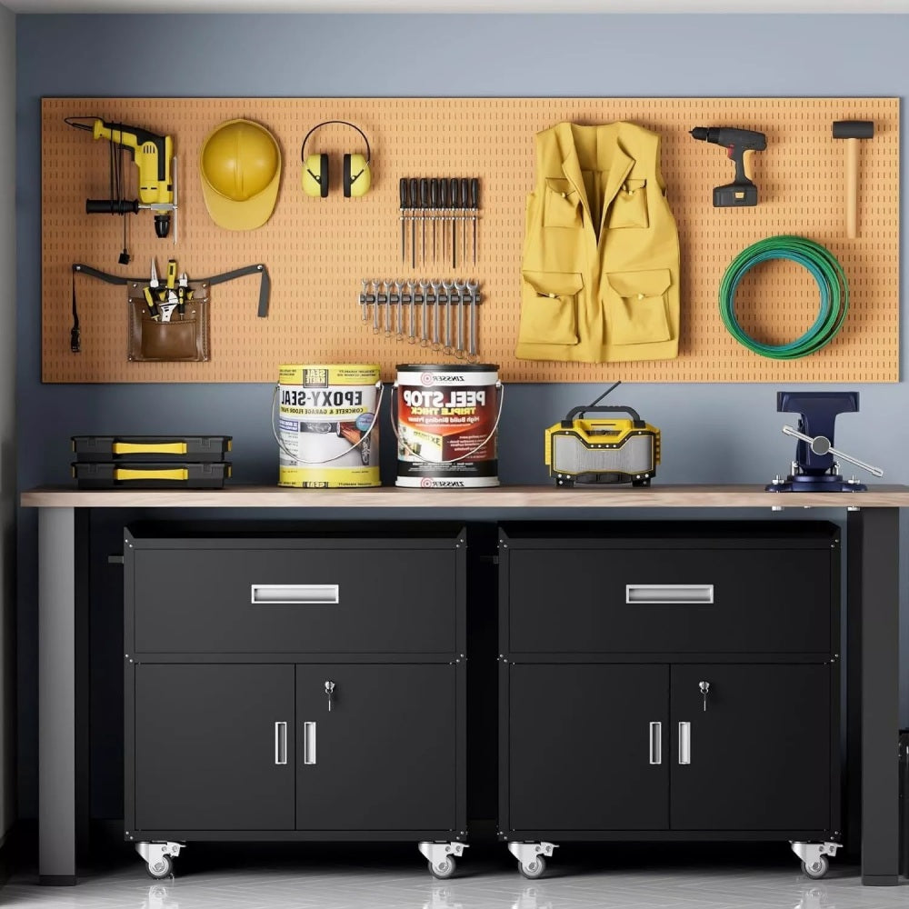 Metal garage cabinets, rolling tool cart boxes with wheels (black)