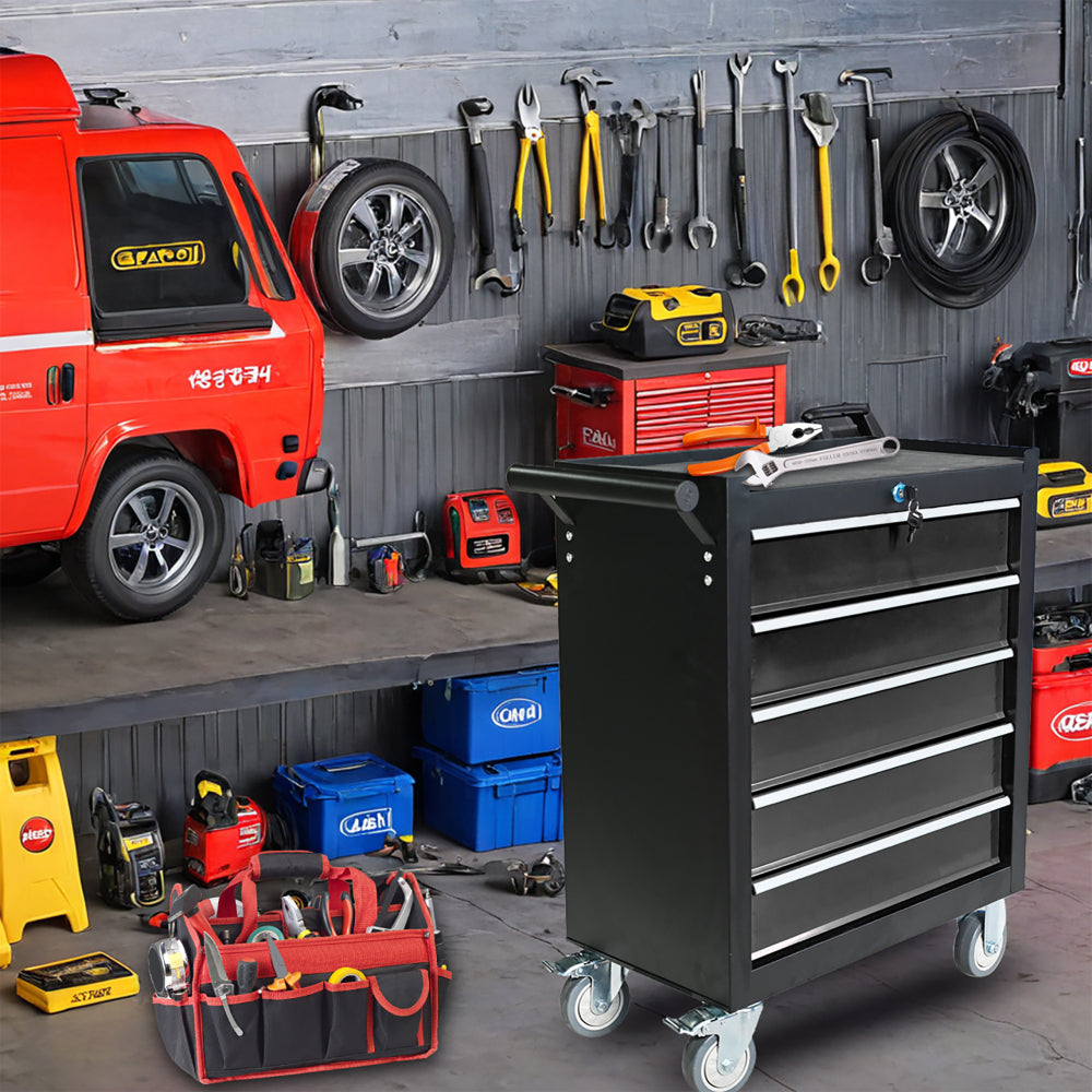 5-drawer metal rolling tool cabinet, storage toolbox with brake wheels, toolbox with lock, suitable for warehouses, garages, repair shops, tool rooms, and other places