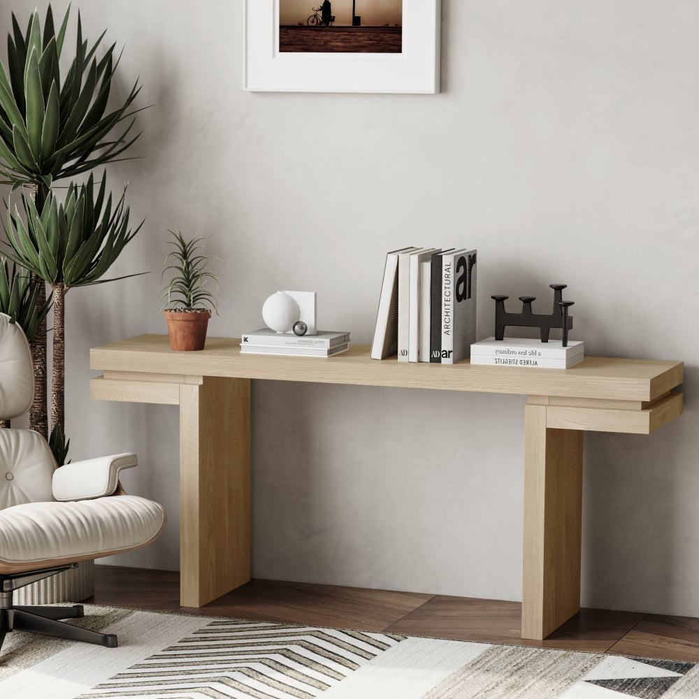 66" Extra Wide Real Wood Veneered Console Table, Minimalist Sofa Table Behind Couch for Entryway, Hallway, Living Room, Home Office, Distressed Oak