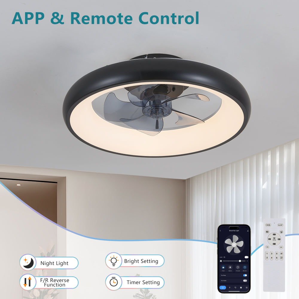 20" Black LED Ceiling Fan Light – Dimmable & Adjustable Color Temperature, APP & Remote Control, Modern Smart Ceiling Fan for Living Room, Bedroom, and Dining Room (Silent/6-Speed/Reversible/DC Motor)