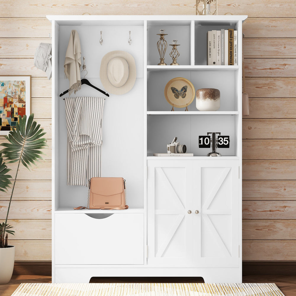 Multi-functional Hall Tree with Storage Shelves Drawers and Cabinet, Elegant Hallway Shoe Cabinet with Bench, Modern Coat Rack with Hooks for Hallway Entryways, Black