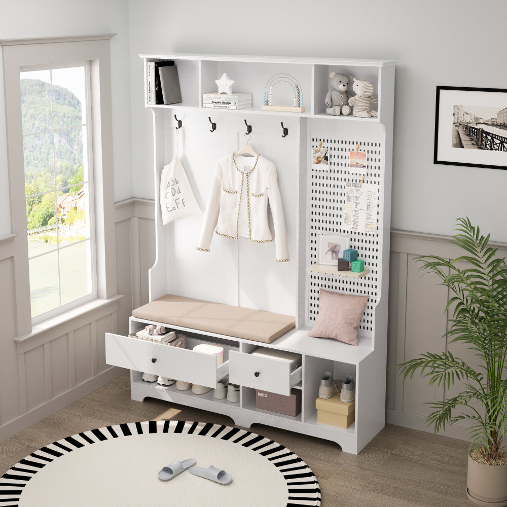Multi-purpose Hallway Hall Tree with Removable Linen Cushioned Entryway Bench, Coat Rack, Storage Shelves, and DIY Pegboard,for Hallways, Living Room, White