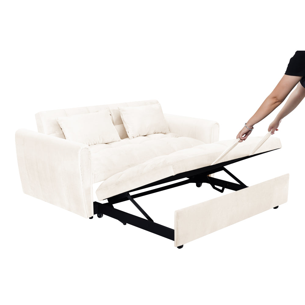 65"3-in-1 foldable large size sofa bed, modern velvet double sofa, sofa bed with adjustable back, storage bag and pillow, suitable for living room, bedroom (beige)