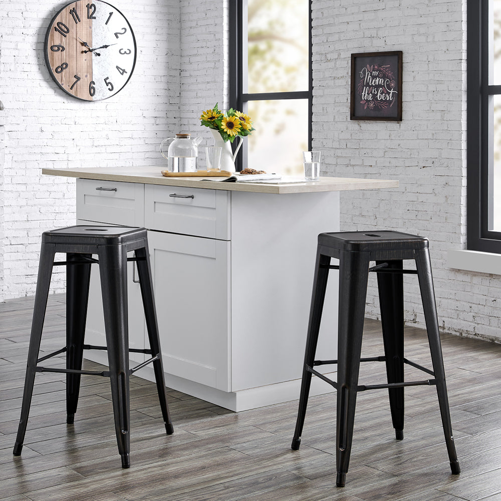 Backless Modern Light Weight Industrial Contemporary Rustic Vintage Costal Metal Bar Stools Without Back and 4 Leg Design (Set of 2) (30" Seat, Distressed Black)