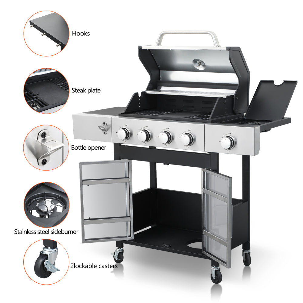 4-Burner Propane Gas BBQ Grill with Side Burner, 46790BTU Output With Enameled Cast Iron Cooking Grids For Outdoor Barbecue, Stainless Steel