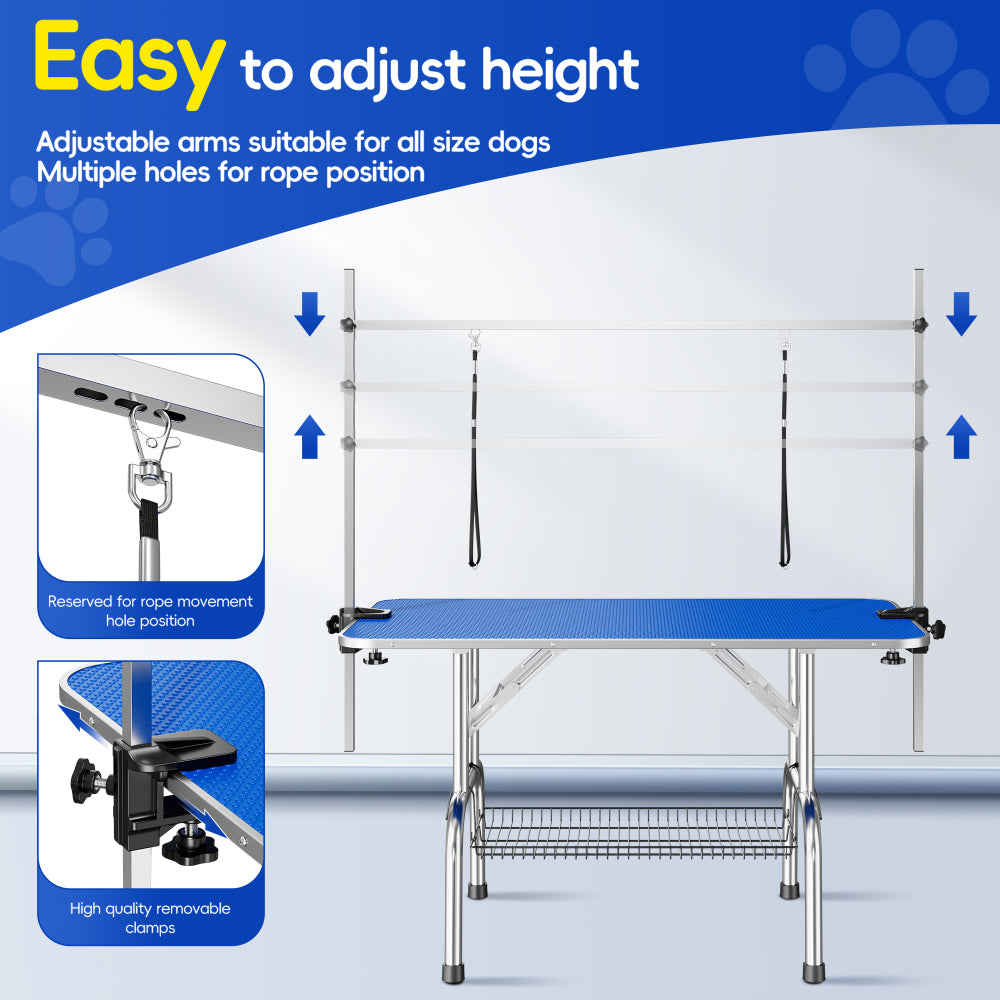 Large Grooming Table for Pet Dog and Cat with Adjustable Arm and Clamps Large Heavy Duty Animal grooming table, 46''/blue