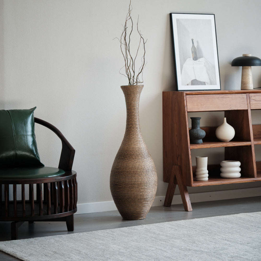 39-inch Tall Artificial Rattan Floor Vase in Elegant Beige - Statement Piece for Living Room Decor, Entryway, or Hallway - Versatile Home Accent for Dried or Silk Floral Arrangements