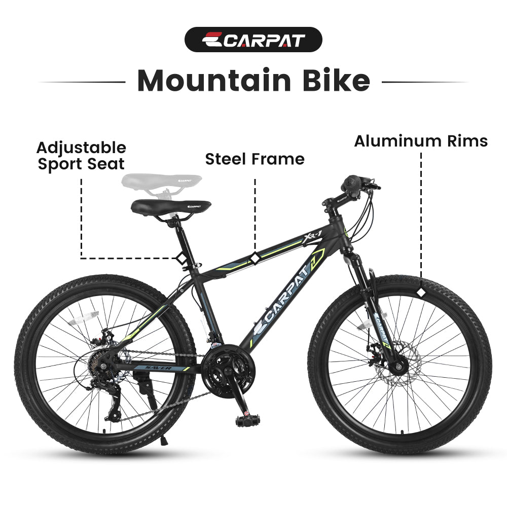 S24102  24 Inch Mountain Bike Boys Girls, Steel  Frame, Shimano 21 Speed Mountain Bicycle with Daul Disc Brakes and Front Suspension MTB