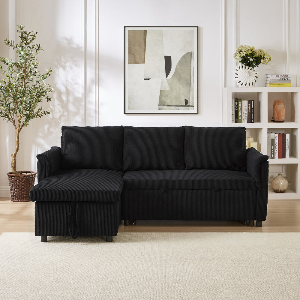 Loveseat Sofa with Chaise Lounge L-Shaped Modular Convertible Sofa with Storage Chaise, Corduroy Tufted Upholstered Sleeper Sectional Sofa,Pull Out Sleep Couch Bed and Reclining Backrest-Black
