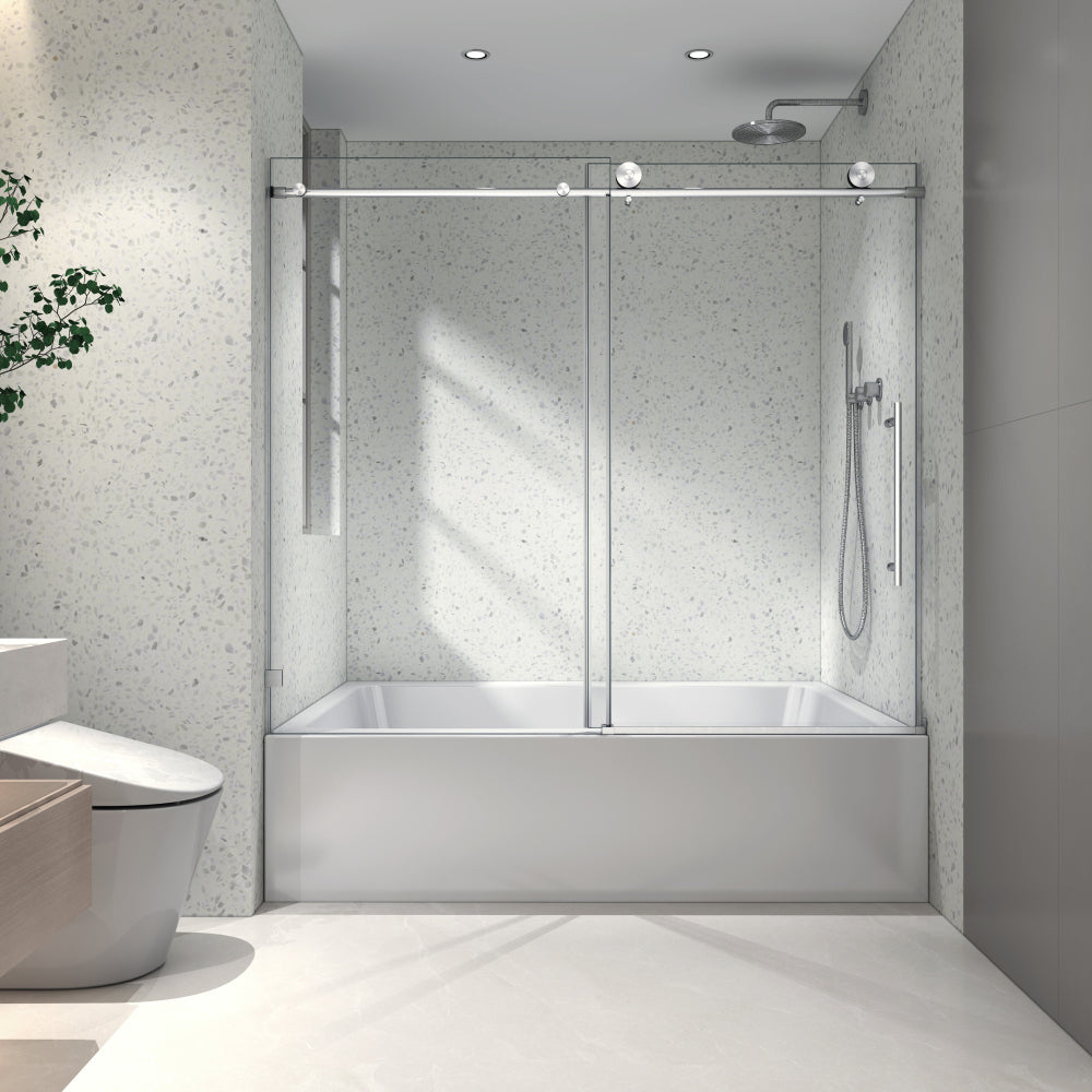 6076 Matte Black frameless one fixed and one shifted Shower Door, 70MM 304 stainless steel large pulleys with adjustable soft closing function,with nano easy cleaning,stick explosion-proof menbrance