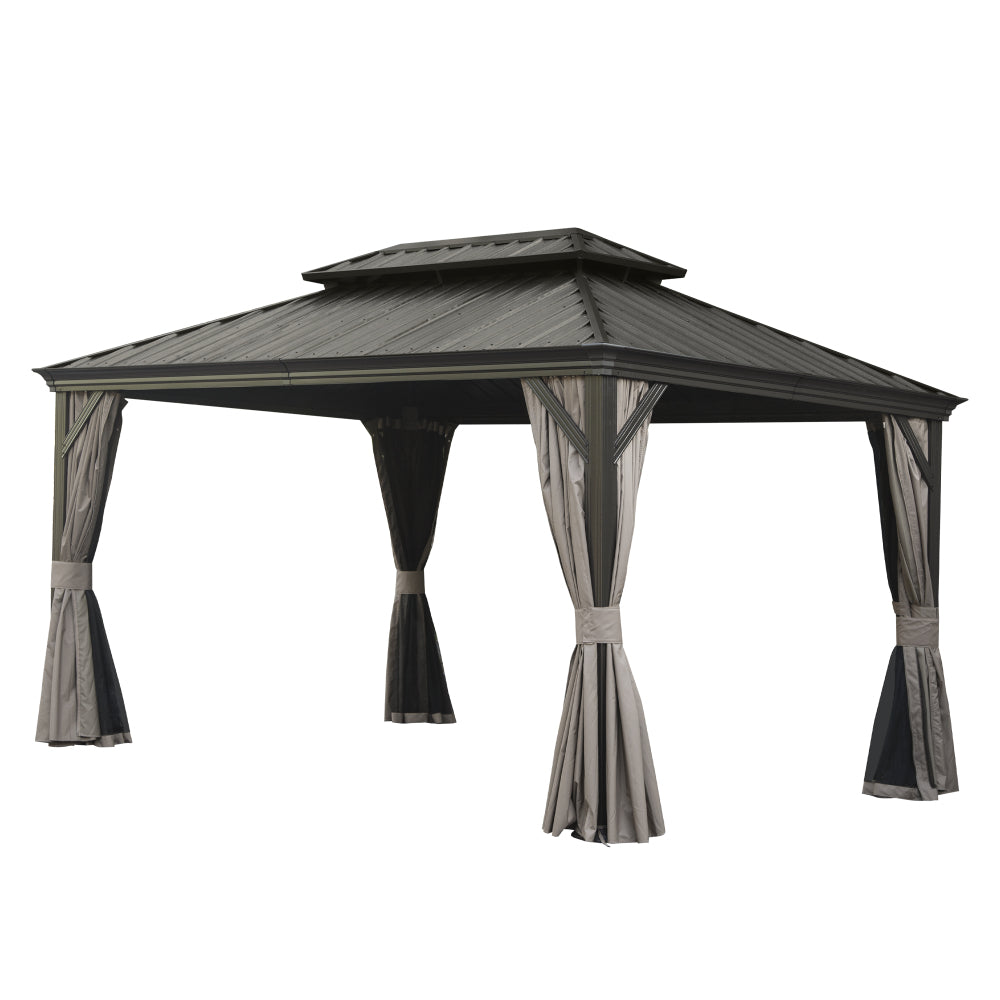 10' X 14' Hardtop Gazebo, Upgraded Metal Gazebo with Drainage System, Dual-Layer Galvanized Steel Roof, Curtain and Netting, Outdoor Shelter Canopy for Patio, Garden, and Backyard, Brown