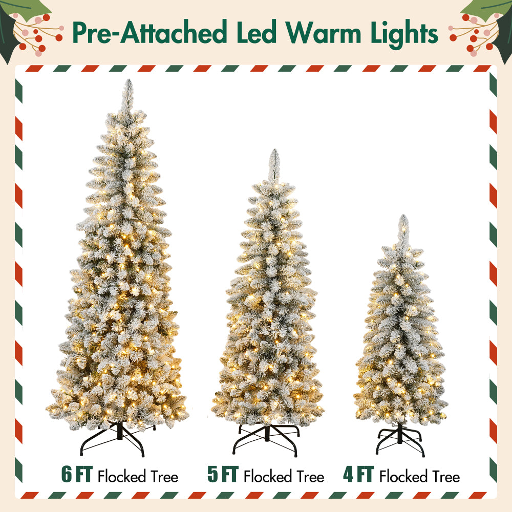 3 Pcs Flocked Artificial Christmas Tree Set with Lights, 4ft 5ft 6ft Christmas Snow Tree Set, Christmas Decor