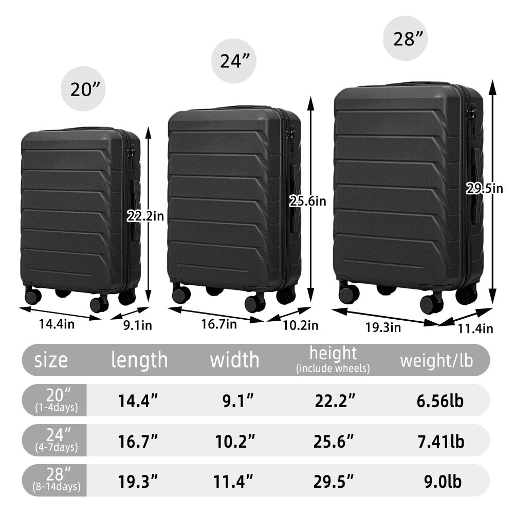 20"/24"/28" 3 pcs/set in ABS Spinner Wheel Luggage, Matching Color , With Combination Lock (Black)