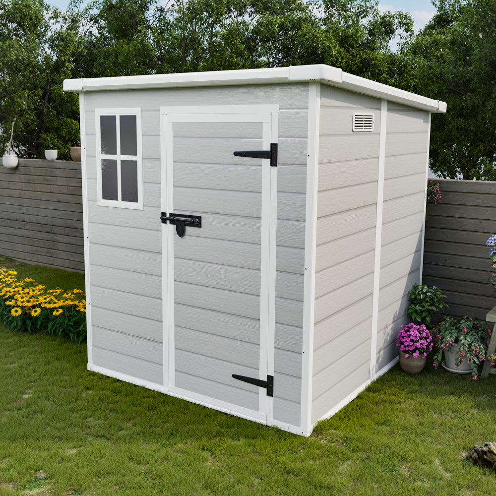 6x6 FT Storage Shed, Waterproof Resin Outdoor Storage Shed with Floor & Window &  Lockable Doors and  Vents, Tool Shed for Bike, Garden, Backyard,Lawn, All Weather Use, Light Grey