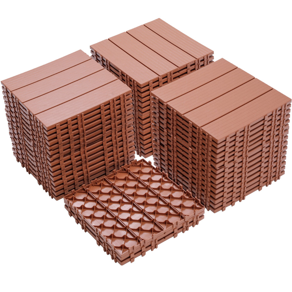 Plastic Interlocking Deck Tiles, 12.00"x12.00"(Pack of 44 ), Patio Flooring Outdoor Waterproof All Weather Use for Garden Poolside Front/Back Yard, Mahogany Colour