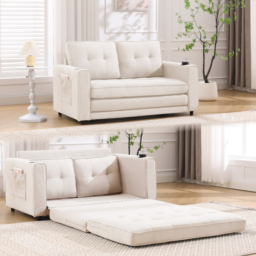 {VIDEO Provided}3-in-1 Upholstered Futon Sofa Convertible Sofa bed,Foldable Tufted Loveseat with Pull Out Sleeper Couch Bed,Folding Mattres Love Seat Daybed W/Side Pockets and Cup Holder, Dark Gray