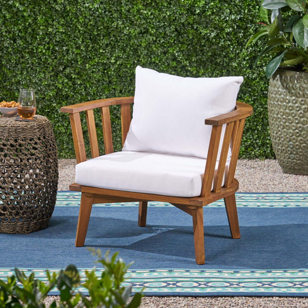 Set of 2, Outdoor Acacia Wood Patio Club Chair, Wooden Patio Furniture,Waterproof Thick Cushion Deep Seating for Porch, Garden, Backyard, Balcony, Weight Capacity 400lbs, Teak Finish, White