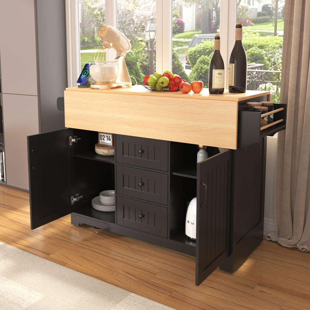 K&K 55.7'' Large Kitchen Island with 2 Drop Leaf,, Rolling Kitchen Cart on 5 Wheels with Power Outlet, Folding Storage Dining Table with Spice & Towel Rack , 3 Drawers, for Kitchen, Dining Room,Black
