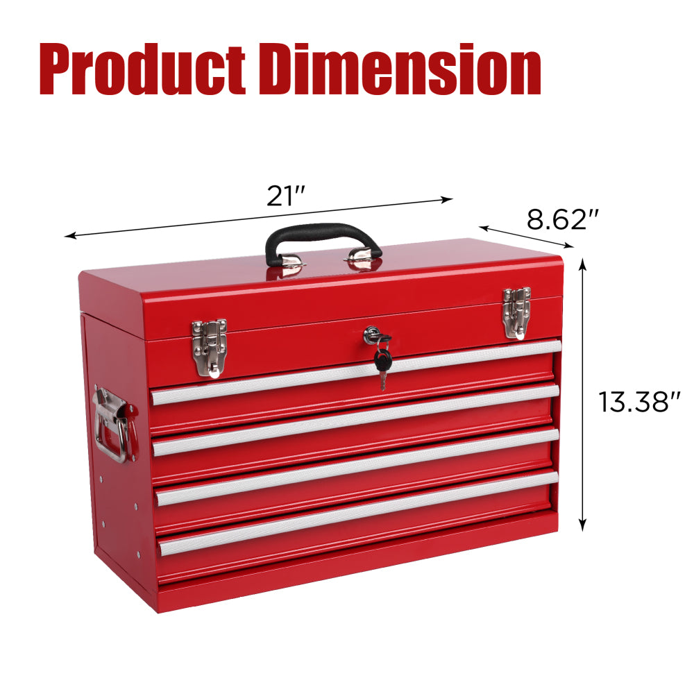 Heavy Duty Metal Tool Box, 21-inch, Portable Metal Tool Box with 4 Drawers, Small Tool Chest with EVA Liners, Ball Bearing Slide Drawers Locking & Powder Coated Finish, Multi-Function Tool Organizer