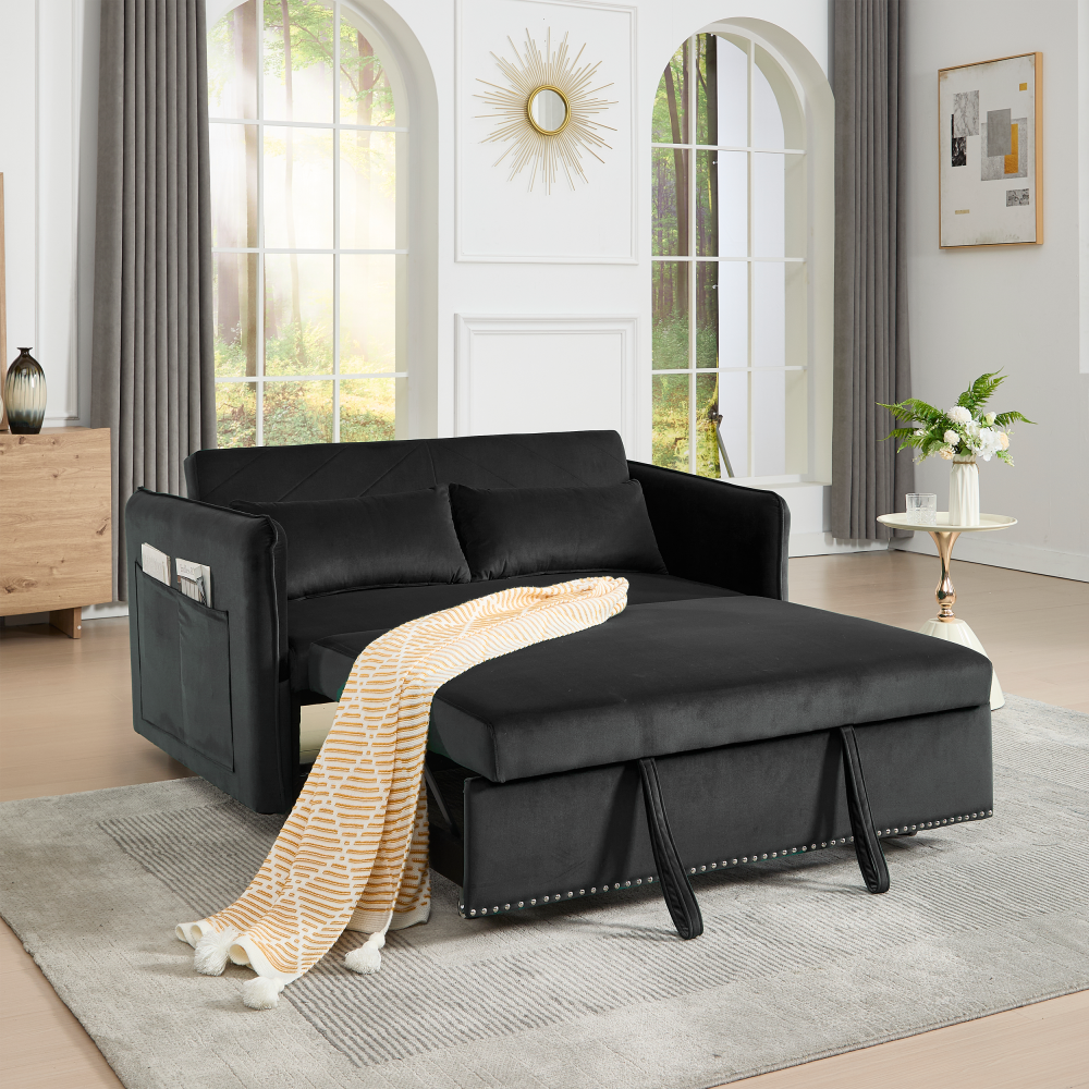 3 in 1 Convertible Sleeper Futon Sofa Bed, 55" Velvet Small Loveseat Lounge Couches with 2 Pillows, Reclining Backrest,Side Pockets for Living Room, Pull-Out Couch