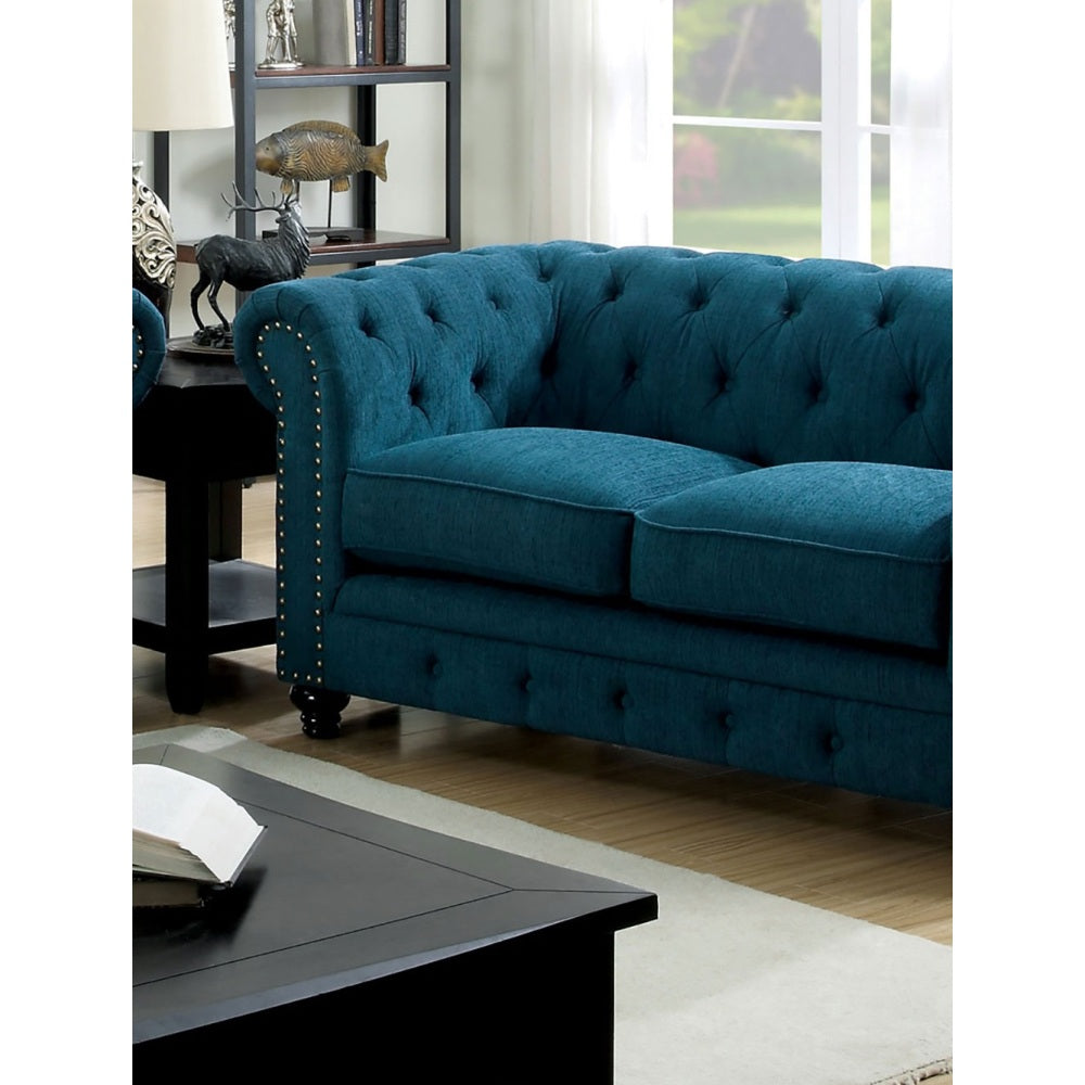 Contemporary Dark Teal Color 1pc Loveseat Button Tufted Couch Rolled Arms Nailhead Trim Leatherette