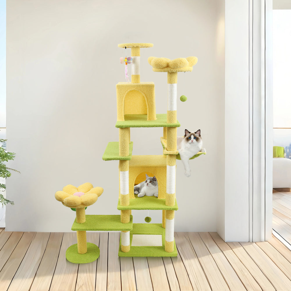71 inch flower cat tree with large condo removable flower cushion and hammock yellow