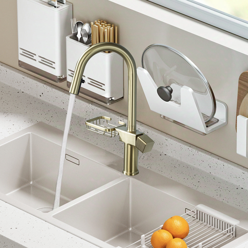 High Arc Pull-Down Kitchen Faucet - Single Hole Stainless Steel, Modern Sink Faucet (Brushed Gold)