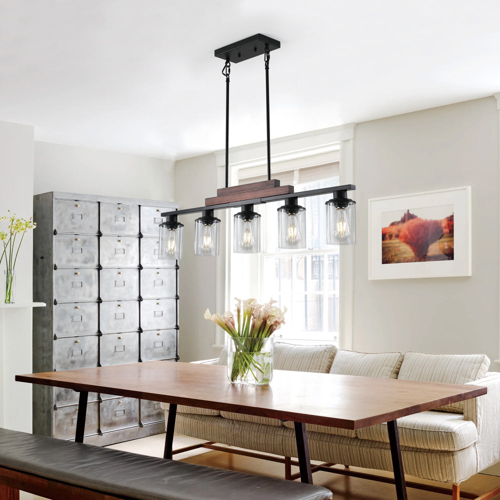 37" Farmhouse Industrial 5-Light Kitchen Island Pendant Light, Metal Wood Chandelier with Clear Glass Shades, Adjustable Height Hanging Fixture for Dining Room, Living Room, Kitchen (No Bulbs)