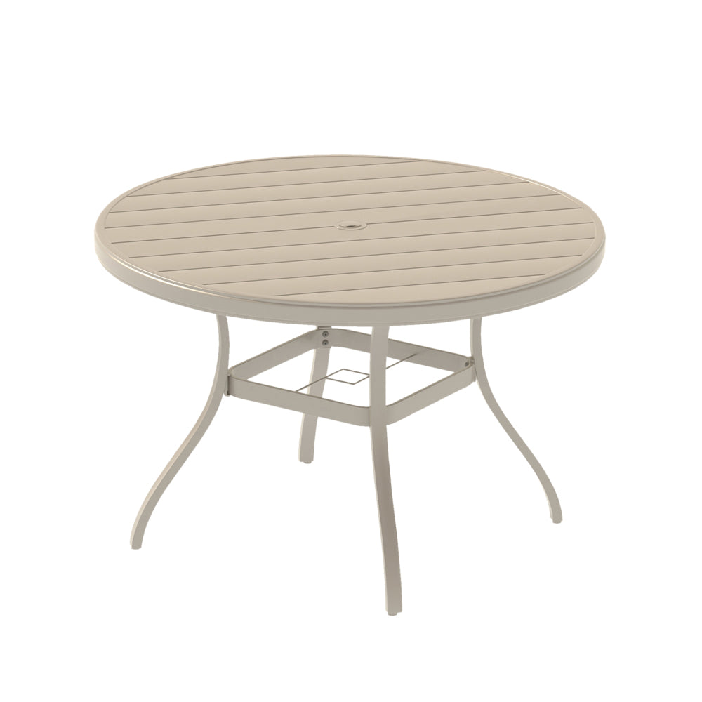 VRSHWO"Outdoor Round Patio Dining Table for 4-6, All Weather Metal Dining Table with Umbrella Hole for Deck Lawn Garden Backyard, Sandstone Color
