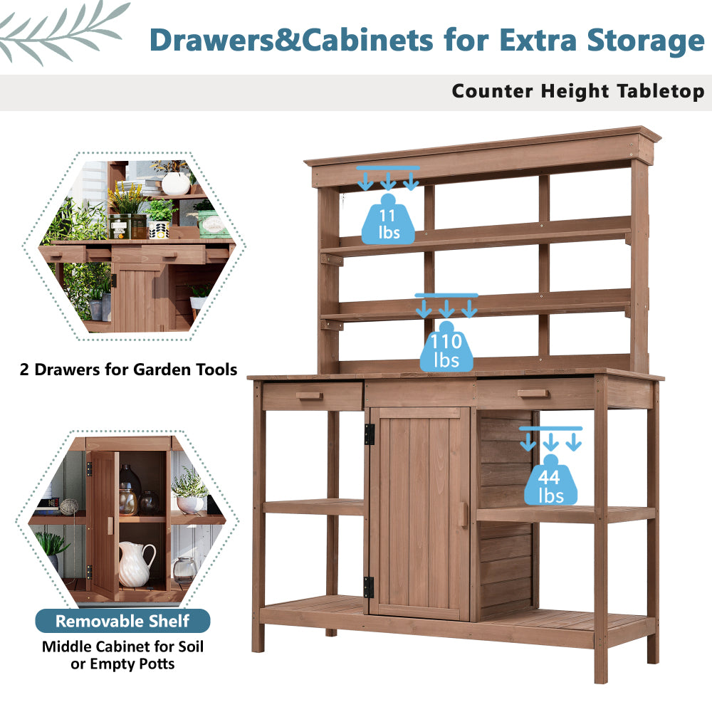 TOPMAX 66" Large Outdoor Farmhouse Wooden Potting Bench Table, Garden Workstation with 2 Drawers, Cabinet and Open Shelves for Backyard, Mudroom, Brown