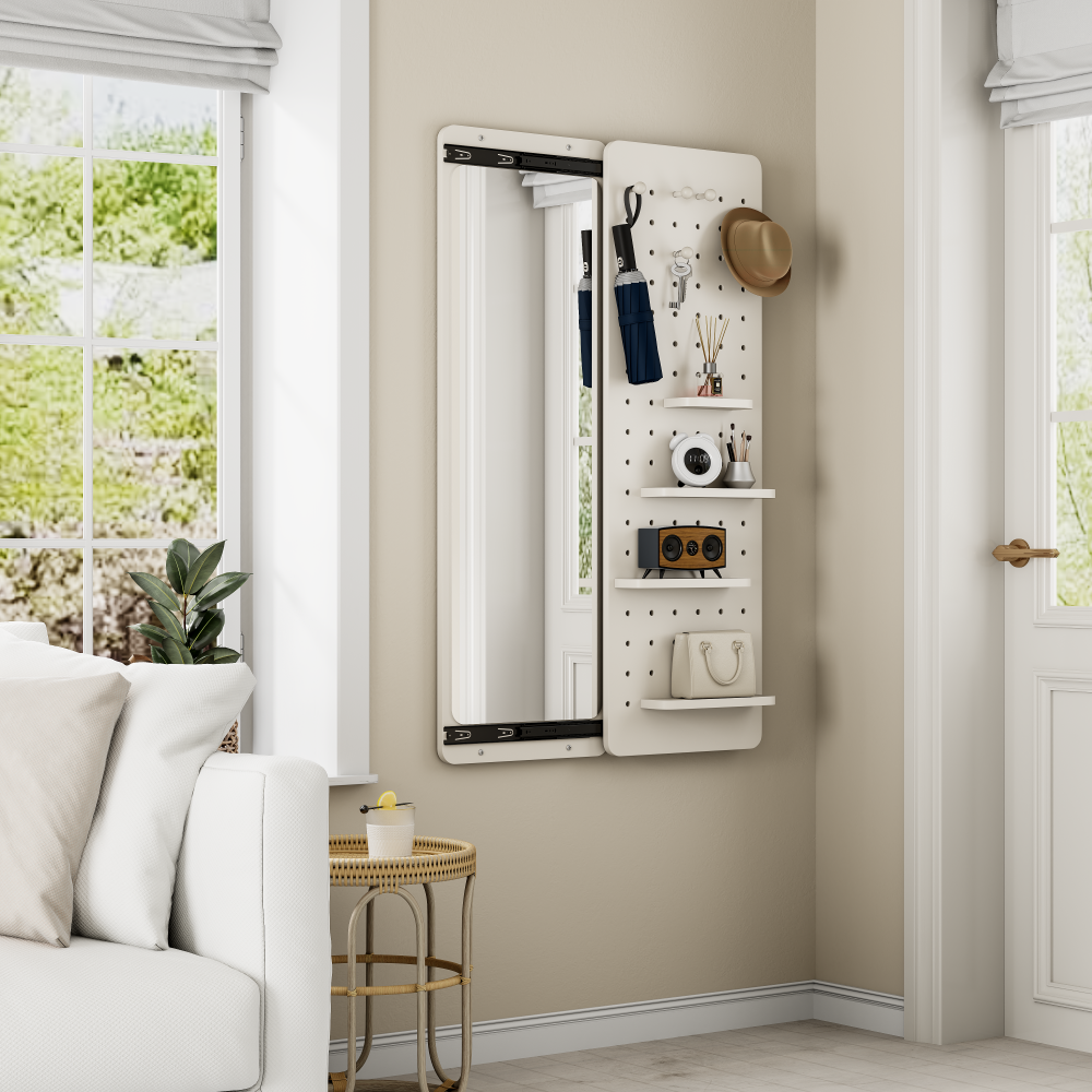 Wall Mounted Full Length Mirror, Full Body Mirror with Shelf, Full Body Mirror with Hook Wall Mounted Mirror with Multifunctional Design Panel, Bedroom/Living Room/Entrance White(47.6*15.7in)