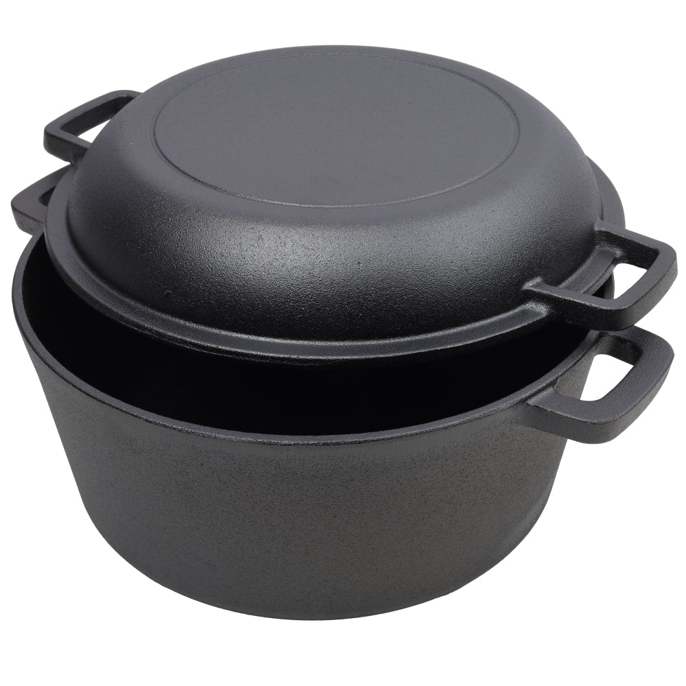 2 in 1 Pre-Seasoned Cast Iron Dutch Oven With Dual Handles, Outdoor Camping Deep Pot for Camping Fireplace Cooking BBQ Baking Campfire, 5 Quart.With 1pc Iron Pot Rack.
