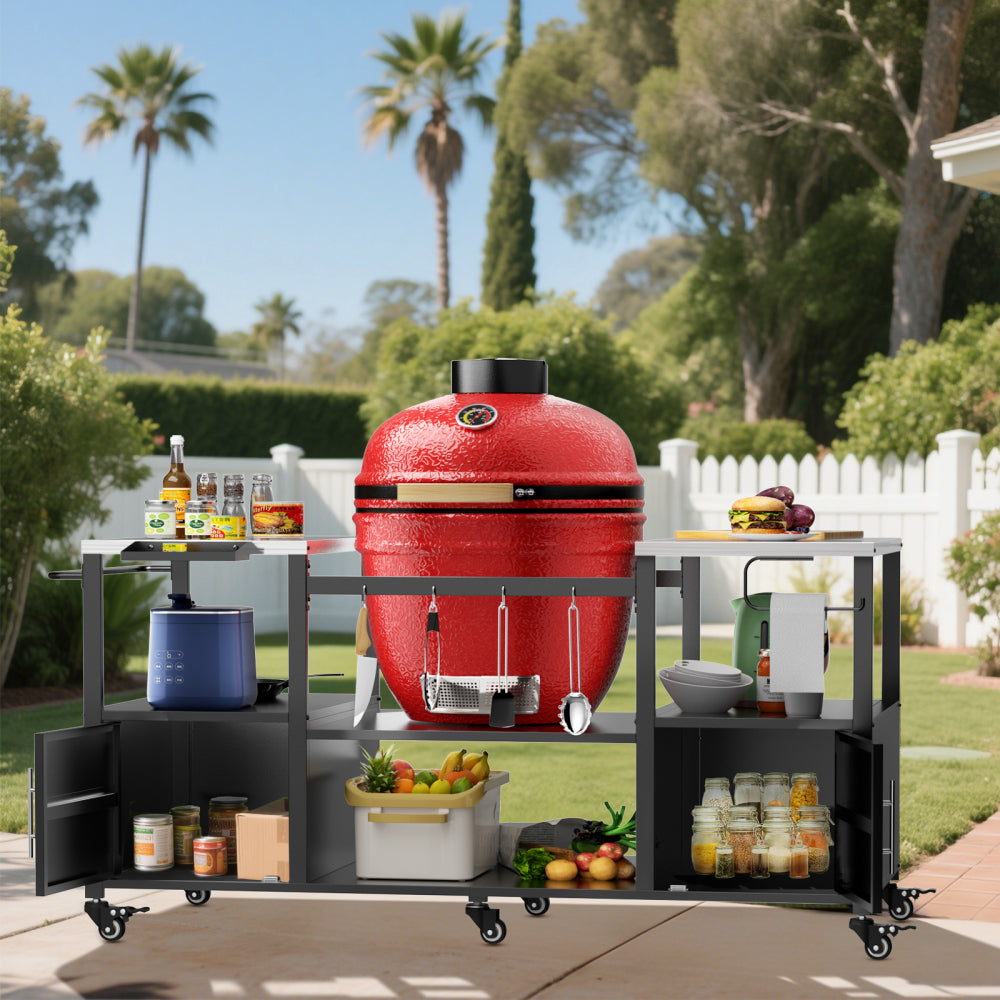 Outdoor Grill Table for Big Green Egg Style BBQ, Metal Grill Cart with Storage Box, Compatible with up to Large Green Egg, Kamado Joe Jr