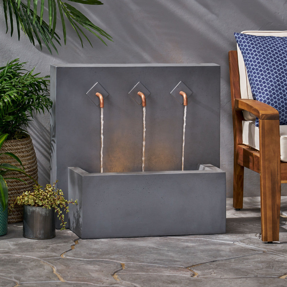 26" High Cody Outdoor Fountain, Hand Crafted Weather Resistant Wall Base Fountain, Light Gray