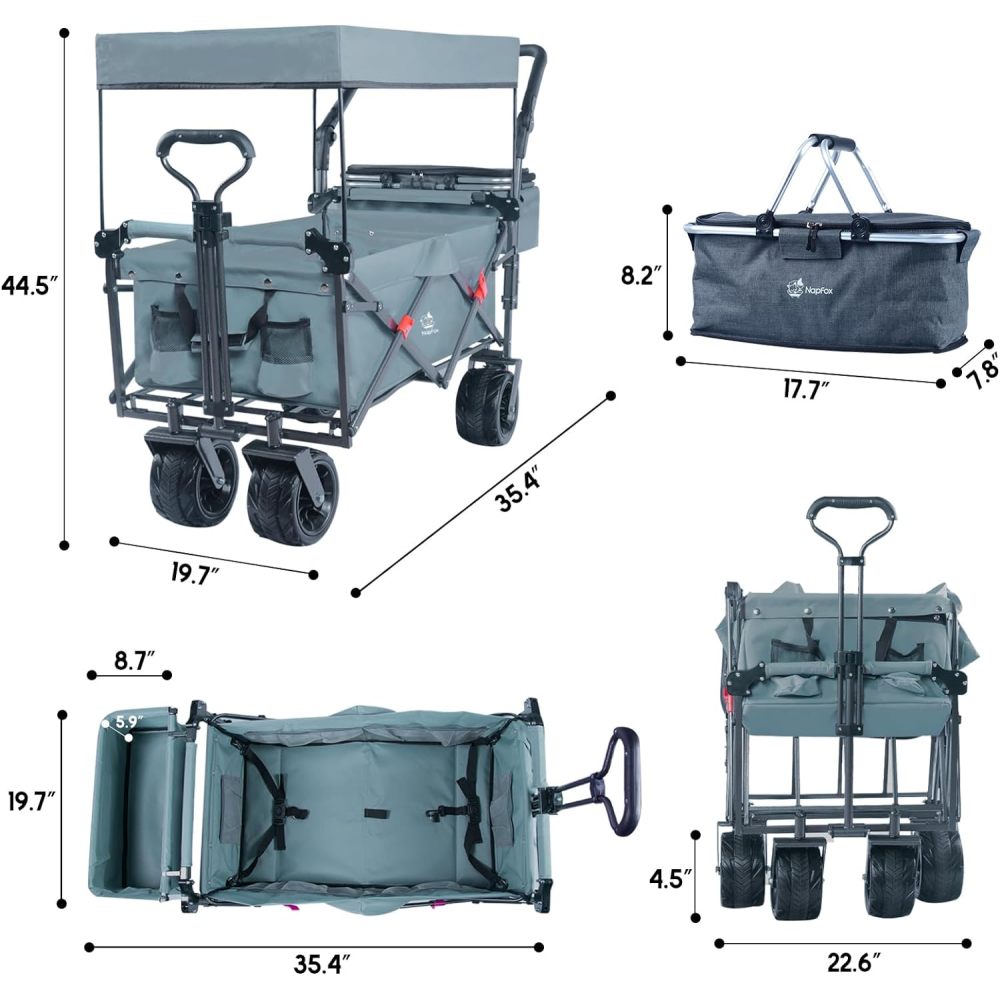 Collapsible Wagon 140L Wagons Carts Foldable with Removable Canopy, Folding Wagon Cart with Wheels for All-Terrain with Brake, Foldable Wagon with Cooler Bag, for Camping Beach Shopping